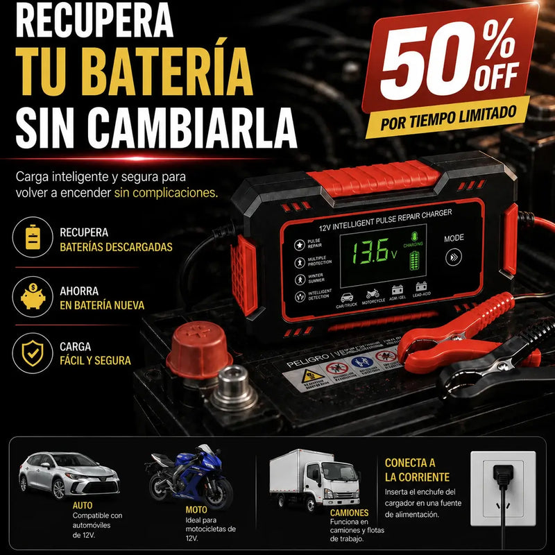 Cargador Inteligente de Batería 12V para Auto y Moto — Con Pantalla LCD